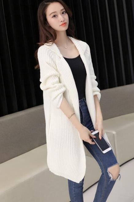 Long Loose Knitted Cardigan Sweater Coat - White