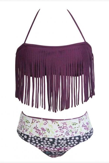 Tassel Embellished Halter Neck Printed Swimwear Bikini - Purple