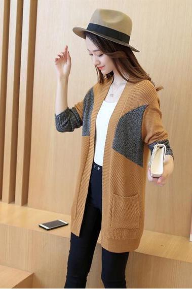 Simple Design Long Sleeve Long Cardigan Sweater - Khaki