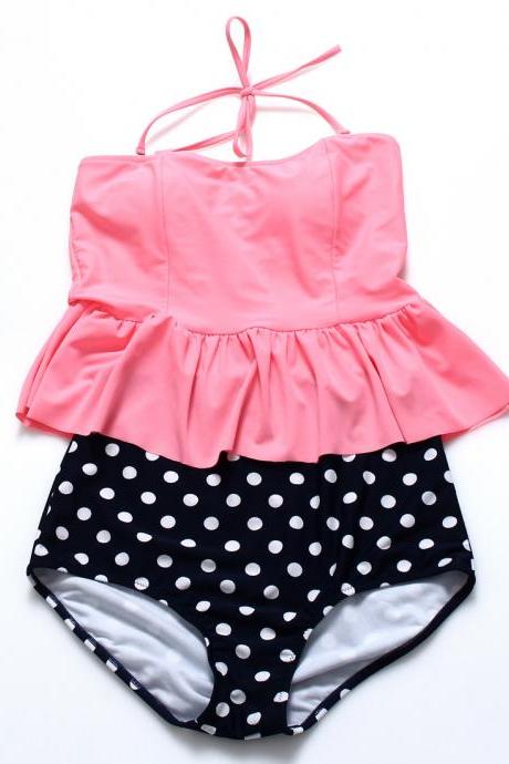Cute Dot High Waist Bikini Set - Pink &amp;amp;amp; Black