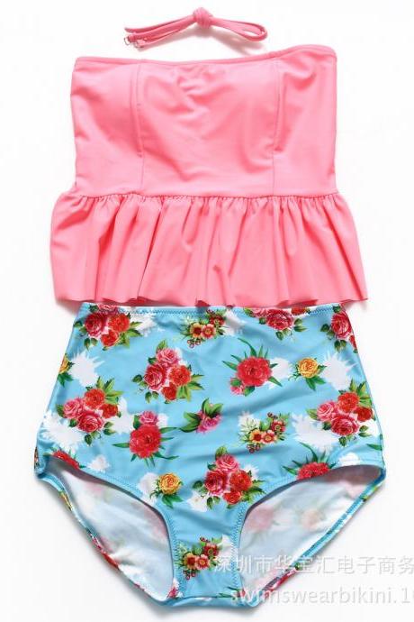 New Style Printed High Waist Bikini Set - Pink & Blue