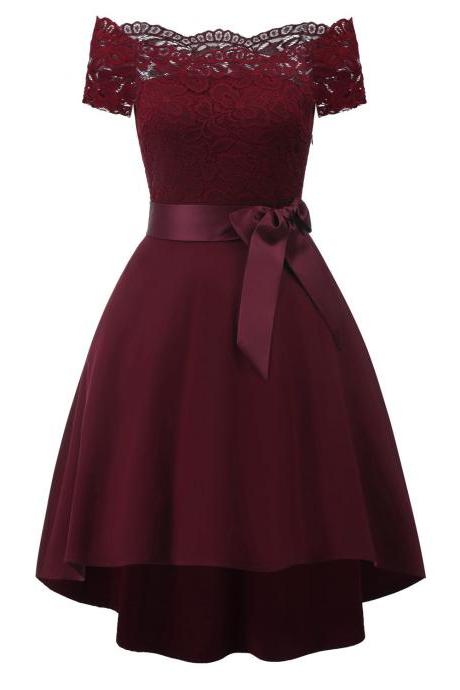 Incredible High Low Hem Lace Off Shoulder Dress - Wine Red