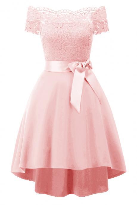 Incredible High Low Hem Lace Off Shoulder Dress - Pink