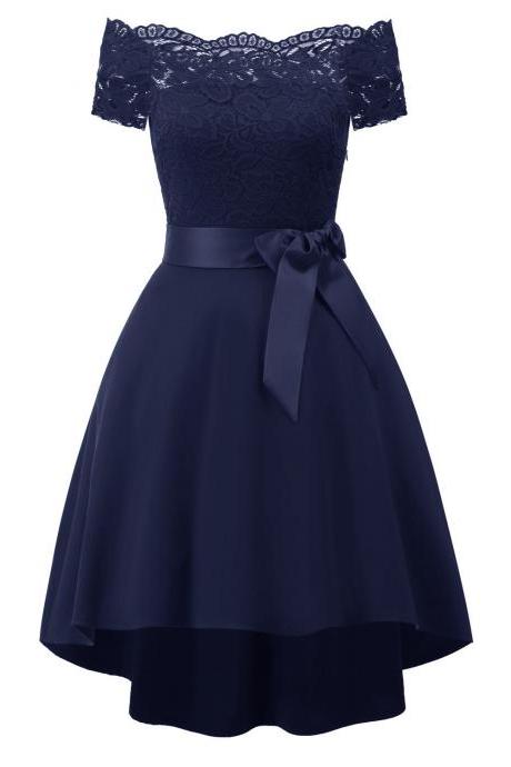 Incredible High Low Hem Lace Off Shoulder Dress - Dark Blue