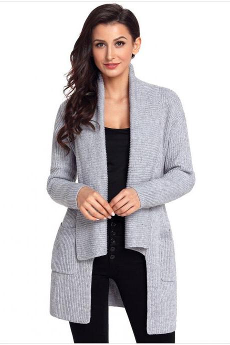 Long Sleeve Pocket Knitting Pattern Cardigan - Grey
