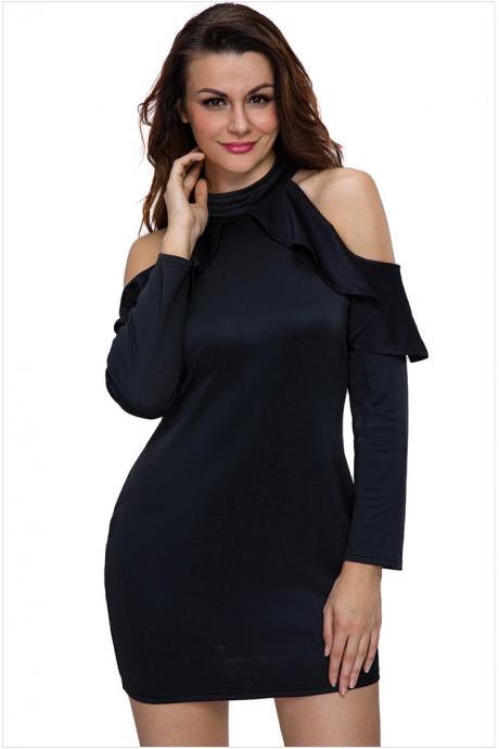 Ladies Fashion Sexy Off-Shoulder Ruffle Slim Long sleeves Dress - Black