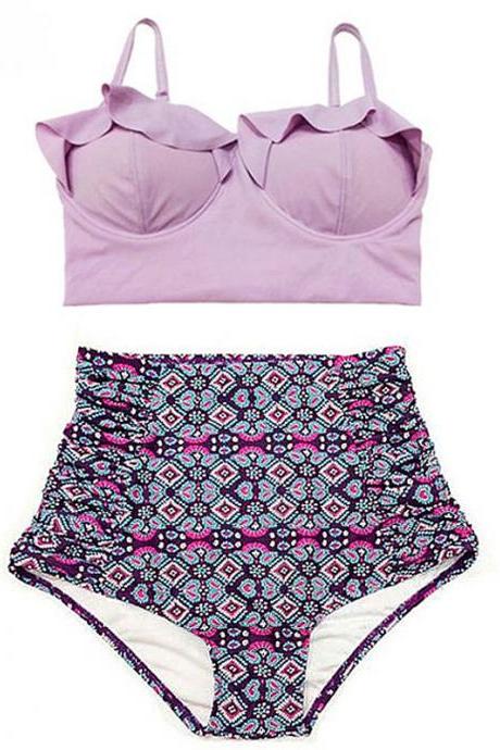 New Bikinis Women Swimsuit High Waist Bathing Suit Plus Size Swimwear Push Up Bikini Set - Light Purple