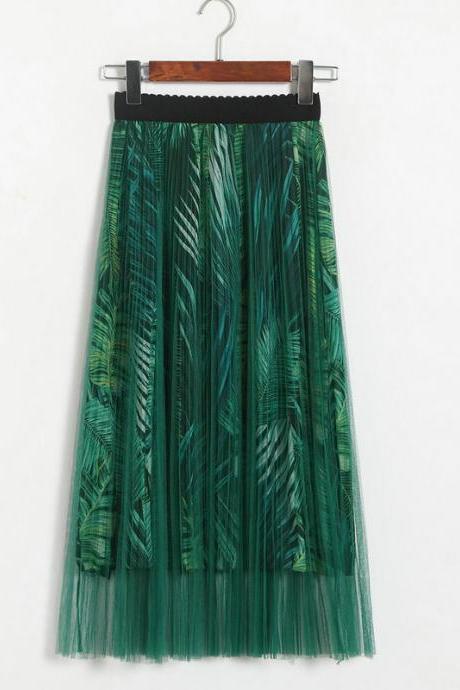 New High Waisted Pleated Printed Long Skirt - Green