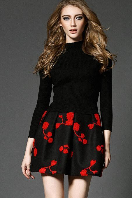 Luxury Designer Flower Long Sleeve Knitting Dress