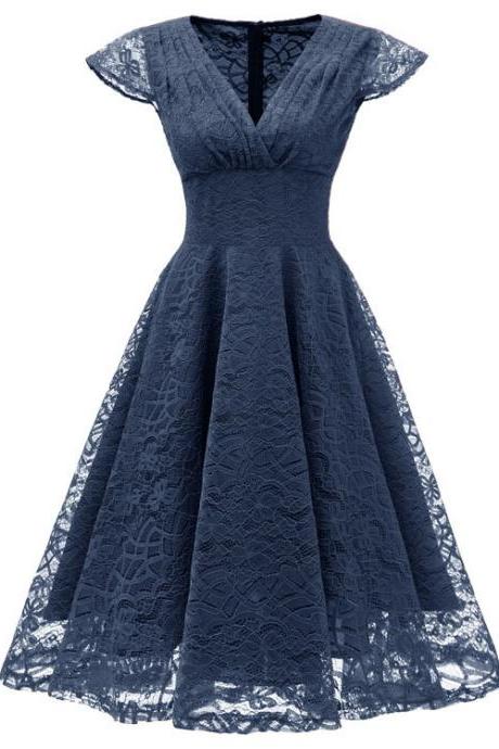 V Neck Short Sleeve Lace Dress - Dark Blue