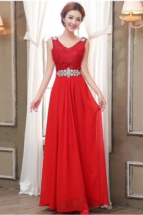 Nice Diamond Sleeveless Evening Party Long Dress - Red