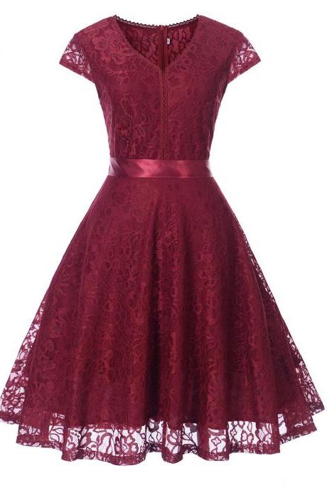 Elegant V Neck Short Sleeve Lace Dress With Belt - Wine Red