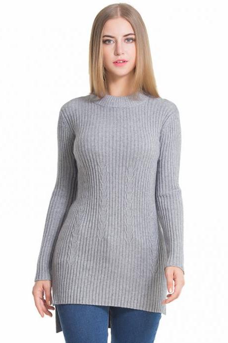 Grey Knit Ribbed Crew Neck Long Sleeves High Low Sweater 