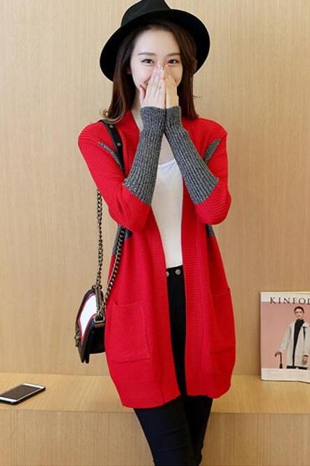 Simple Design Long Sleeve Long Cardigan Sweater - Red
