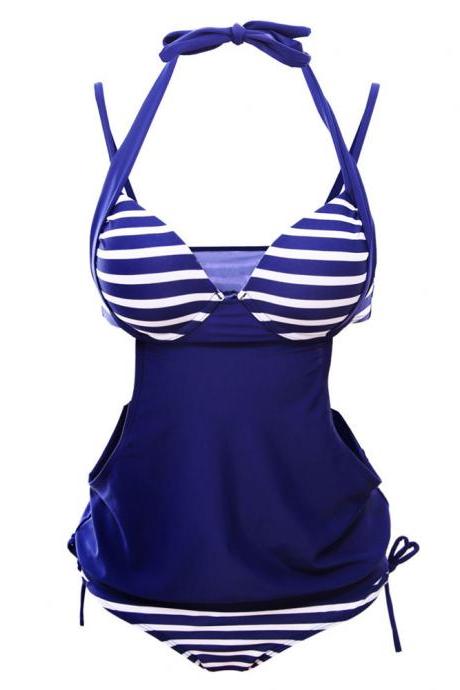 Women's Swimsuit Strip One-piece Bodysuit Swimwear - Blue