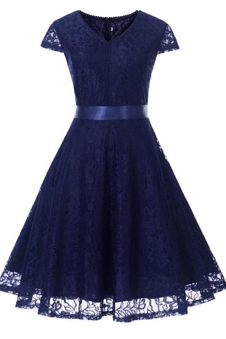 Elegant V Neck Short Sleeve Lace Dress With Belt - Navy Blue