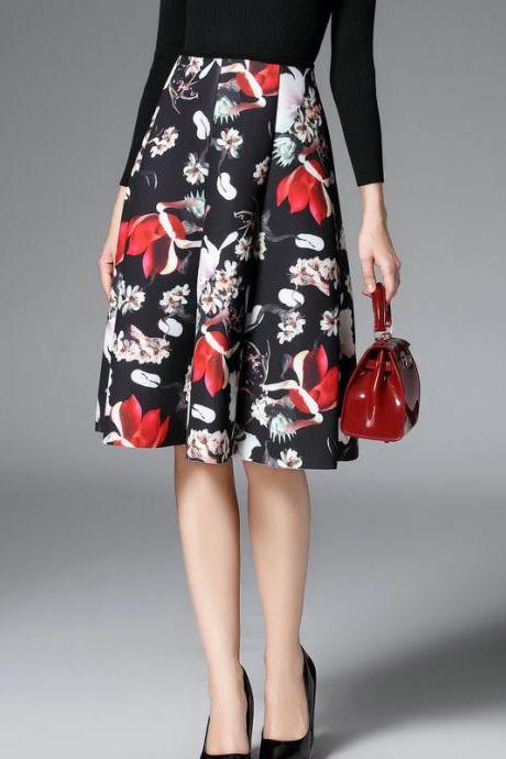 New Elegant Elastic Waist Space Cotton Pleated Midi Skirt 