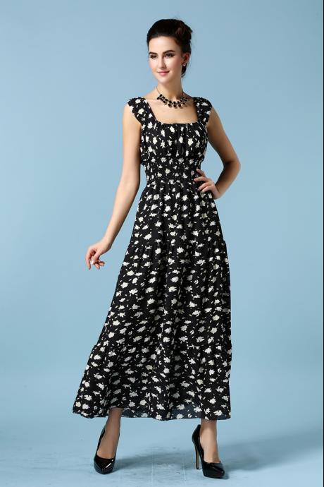 Fashion Sleeveless Printing Long Maxi Dress - Black