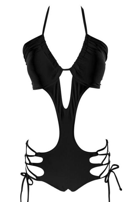 One Piece Hollow Sexy Swimwear Push Up Beachwear Swimwear Bikini Set - Black