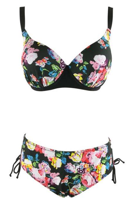 New Plus Size Swimwear Print Floral High Waisted Bathing Suits Swim - Black
