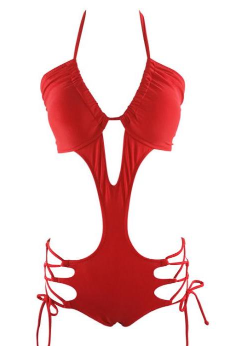 One Piece Hollow Sexy Swimwear Push Up Beachwear Swimwear Bikini Set - Red