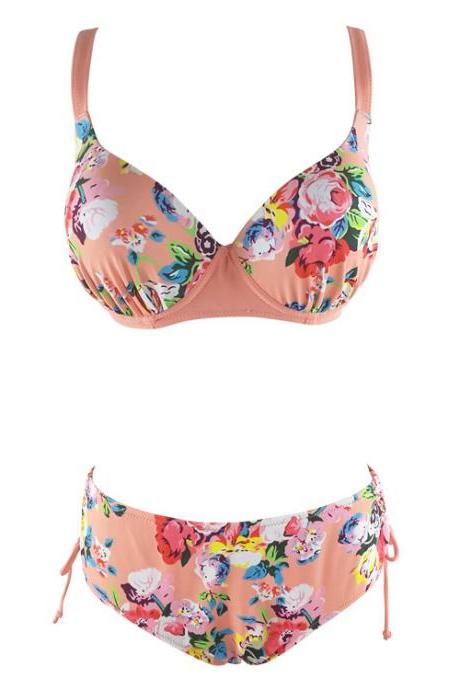 New Plus Size Swimwear Print Floral High Waisted Bathing Suits Swim - Pink