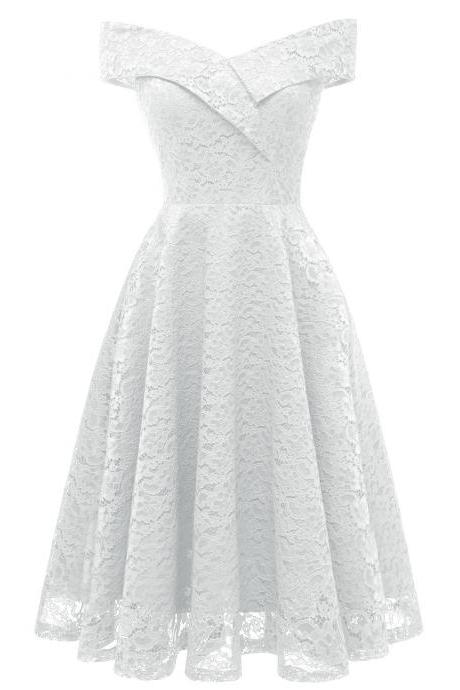 Elegant Sleeveless Women Off Shoulder Lace Dress - White