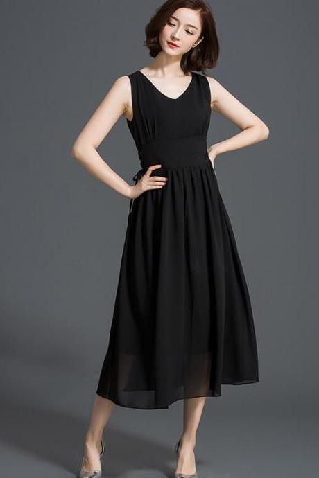 V Neck Sleeveless Solid Long Dress - Black