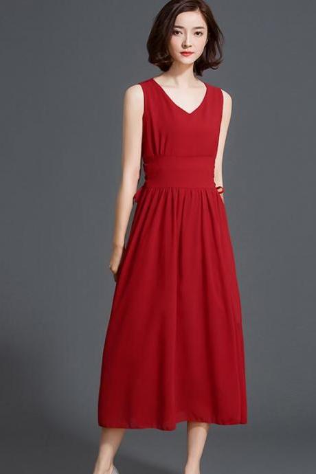 New V Neck Sleeveless Solid Long Dress - Red