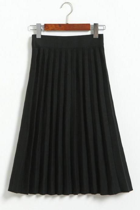 Spring Autumn Summer Style Women's High Waist Pleated Skirt - Black