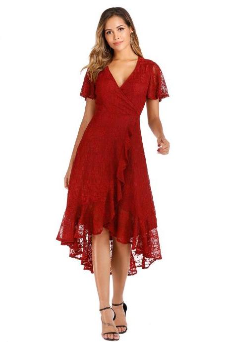 New Style V Neck Red Lace Dress