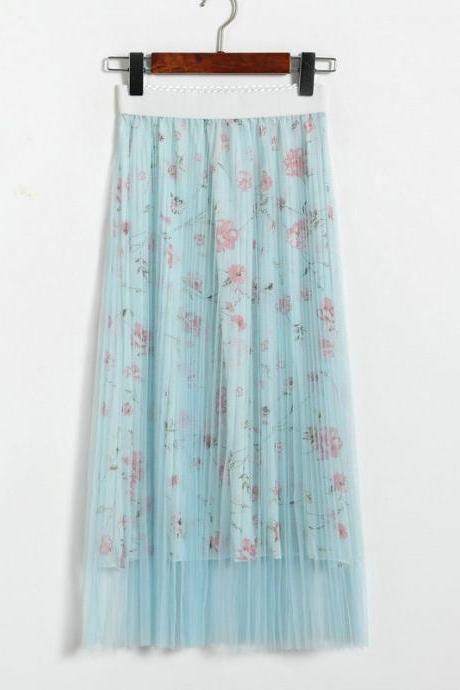 New High Waisted Pleated Printed Long Skirt - Light Blue
