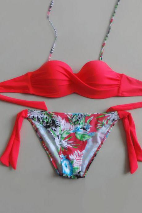 Women Print Bikini Swimsuits Push Up Bikini Set - Red