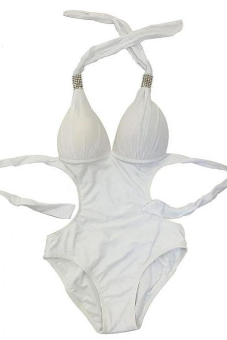 New V Neck One Piece Sexy Bikini Swimsuit For Lady - White