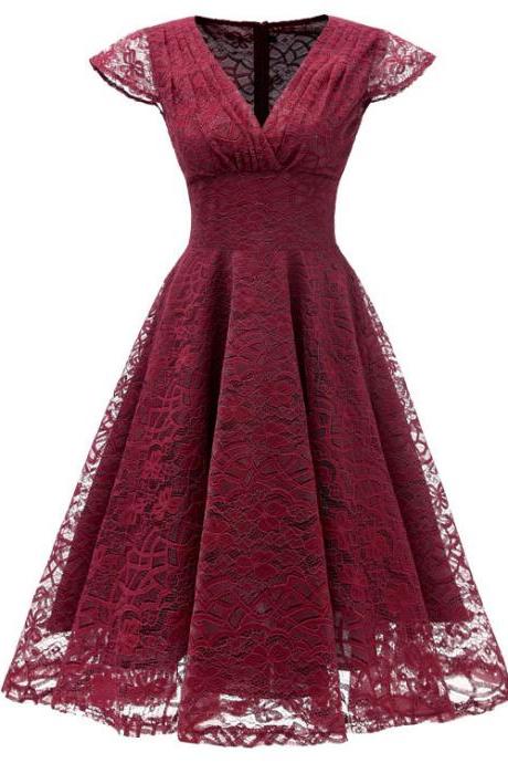 V Neck Short Sleeve Lace Chiffon Dress - Wine Red
