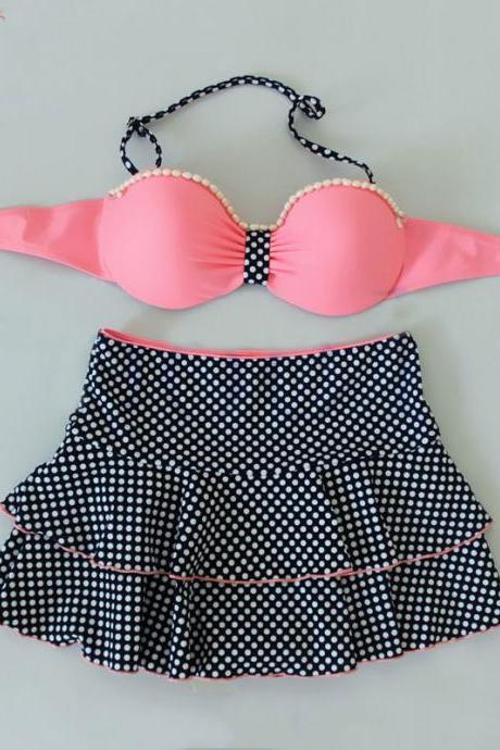 Pink Sexy Dot Pleated Bikini Set Skirt