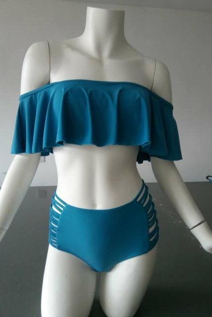 Sexy Solid Color Bikini Set Push Up Falbala Swimwear Swimsuit