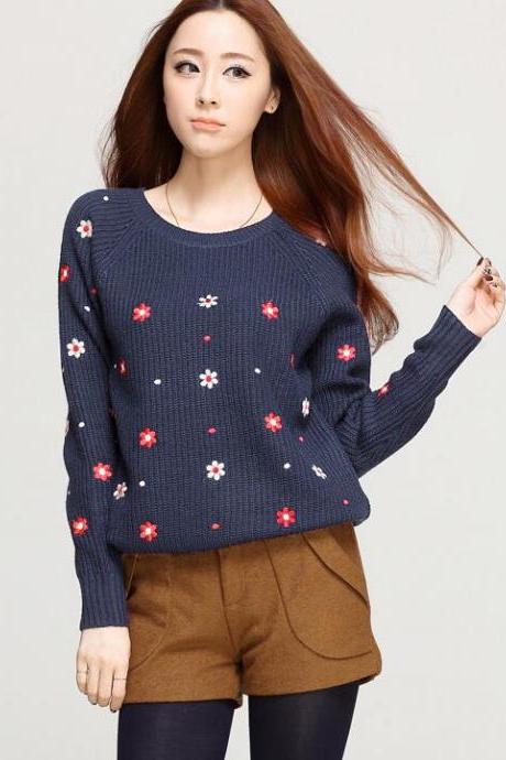 Casual Flower Long Sleeve Sweater for Woman - Navy Blue