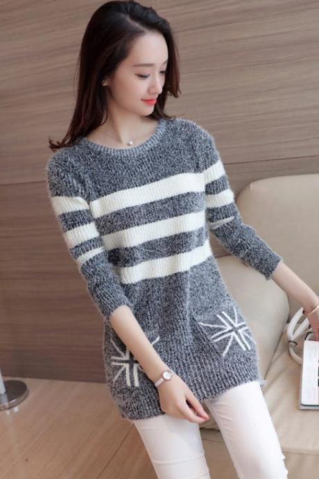 Women Strips Loose O-Neck Long Sleeve Casual Sweater Fashion Knitted Tops - Grey