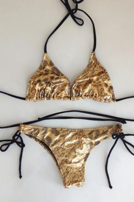 Sexy Golden Leopard Bikini Swimwer Women Swimsuit Set 
