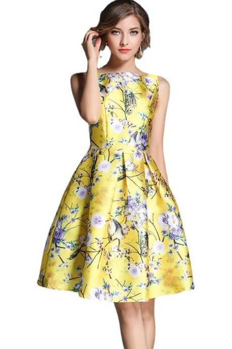 Luxury Floral Yellow Sleeveless Dress 
