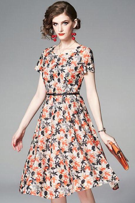 New Short Sleeve Printed Round Neck A Line Dress With Belt