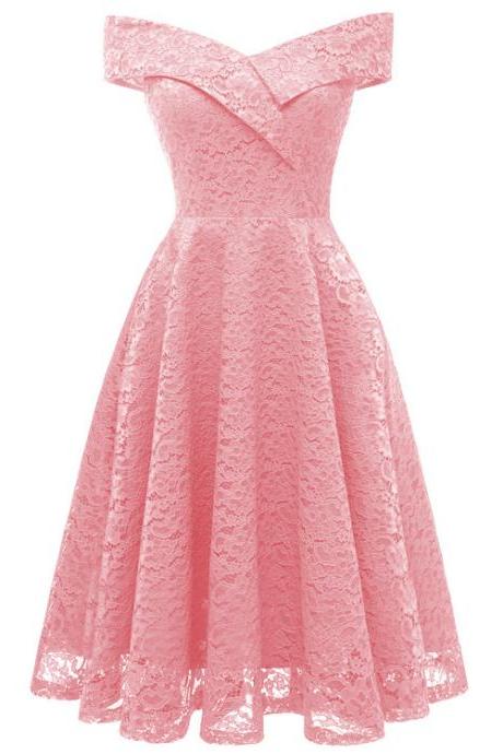 Elegant Sleeveless Women Off Shoulder Lace Dress - Pink