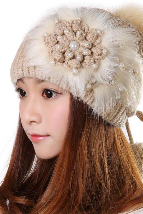Free shipping Knitted Hat Ball Beanies Winter Hat For Women - Khaki