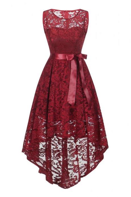 Elegant Round Neck Lace Dress - Wine Red