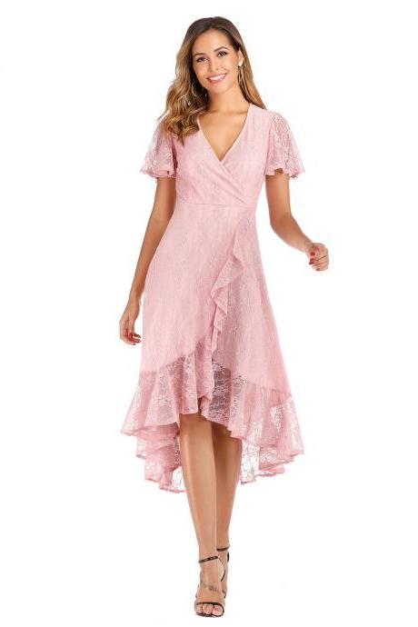New Style V Neck Pink Lace Dress