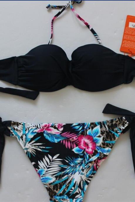 Women Print Bikini Swimsuits Push Up Bikini Set - Black