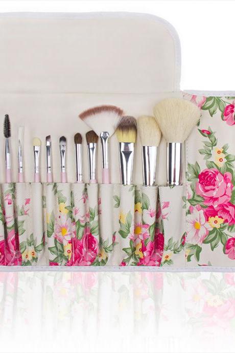 High Quality 12 wool makeup brushes set With Floral Bag