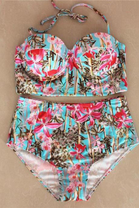 High Quality Bamboo Pattern Bathing Suit Women Push Up Sexy Swimsuit