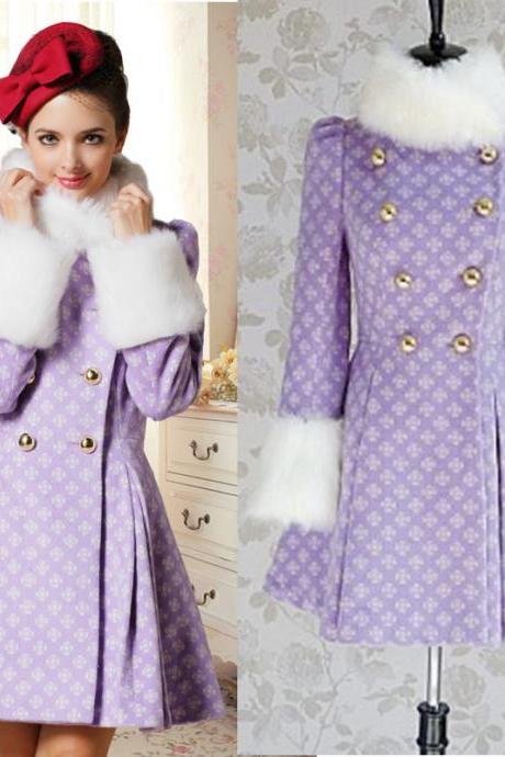High Quality New Fur Collar Woolen Coat - Purple
